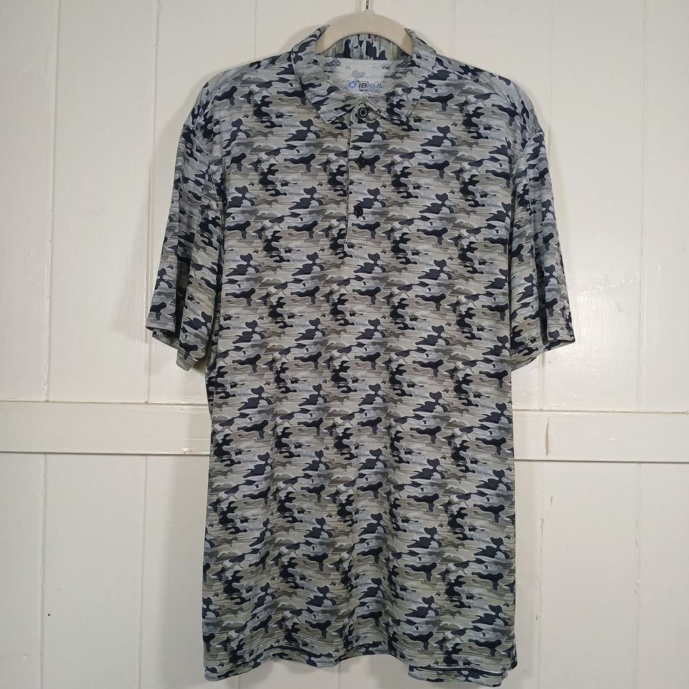 IBKUL Polo Shirt IceFil UPF 50 Mens L Grey Camo‎ Performance Short Sleeve Golf